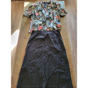 Kim Rogers size 12 Brown Beige Floral Linen Blend Jacket Skirt Suit Modest